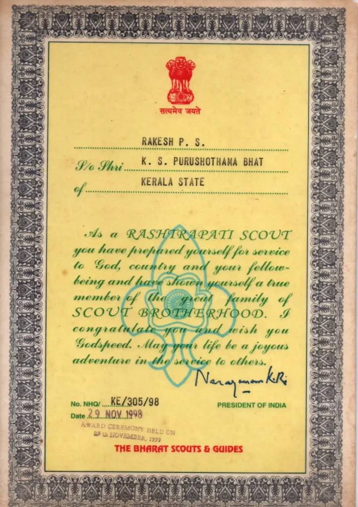 Recipient of the Rashtrapati Scout Award, India's highest scouting honor, recognizing outstanding service to the nation and fellow